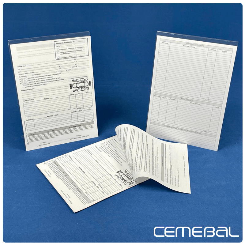 Órdenes de reparación en formularios autocopiativos para talleres.